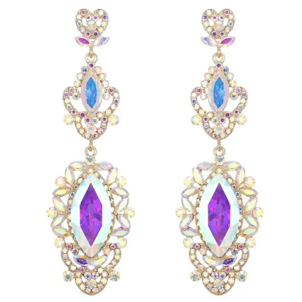 Yellow Gold with Iridescent AB Crystal Art Deco Chandelier Post Back Earrings
